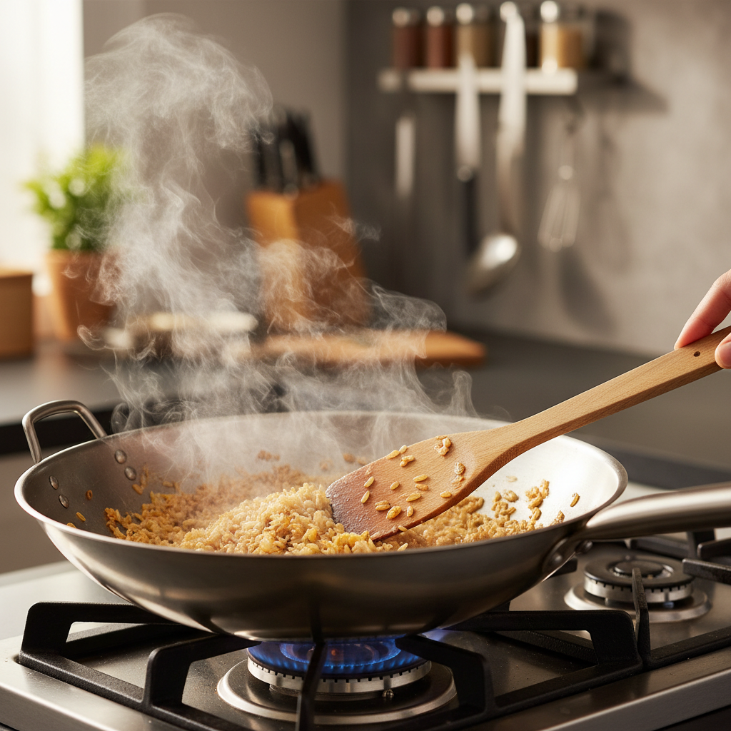 Hot skillet with rice spread out for browning in homemade fried rice