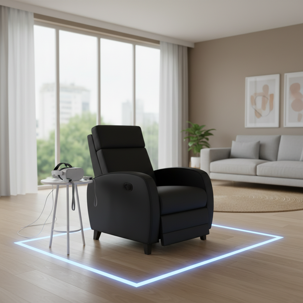 VR fishing play space setup showing seated chair, clear boundary, and safe controller strap use