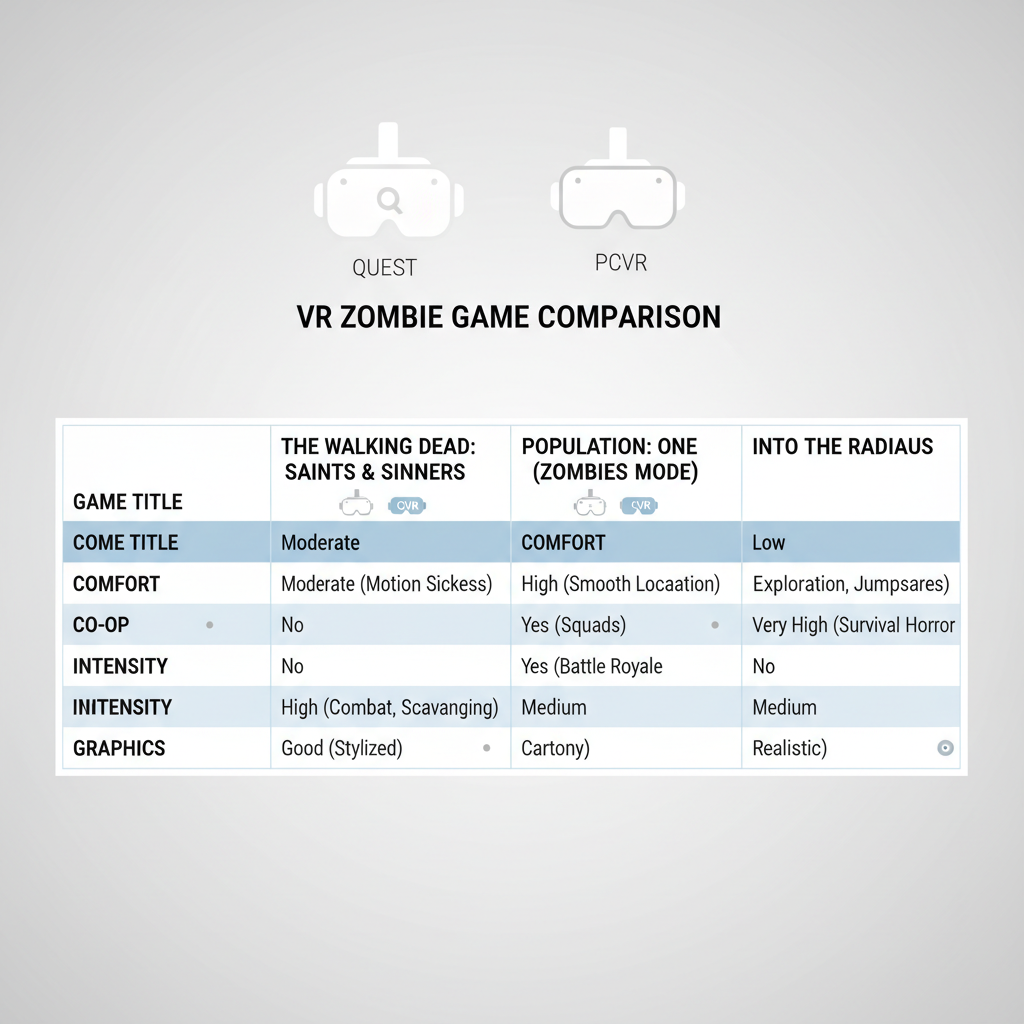 VR zombie game comparison table concept with headset icons