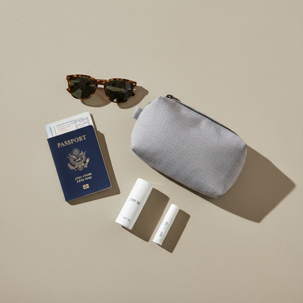 Travel lip balm with SPF in carry-on essentials flat lay