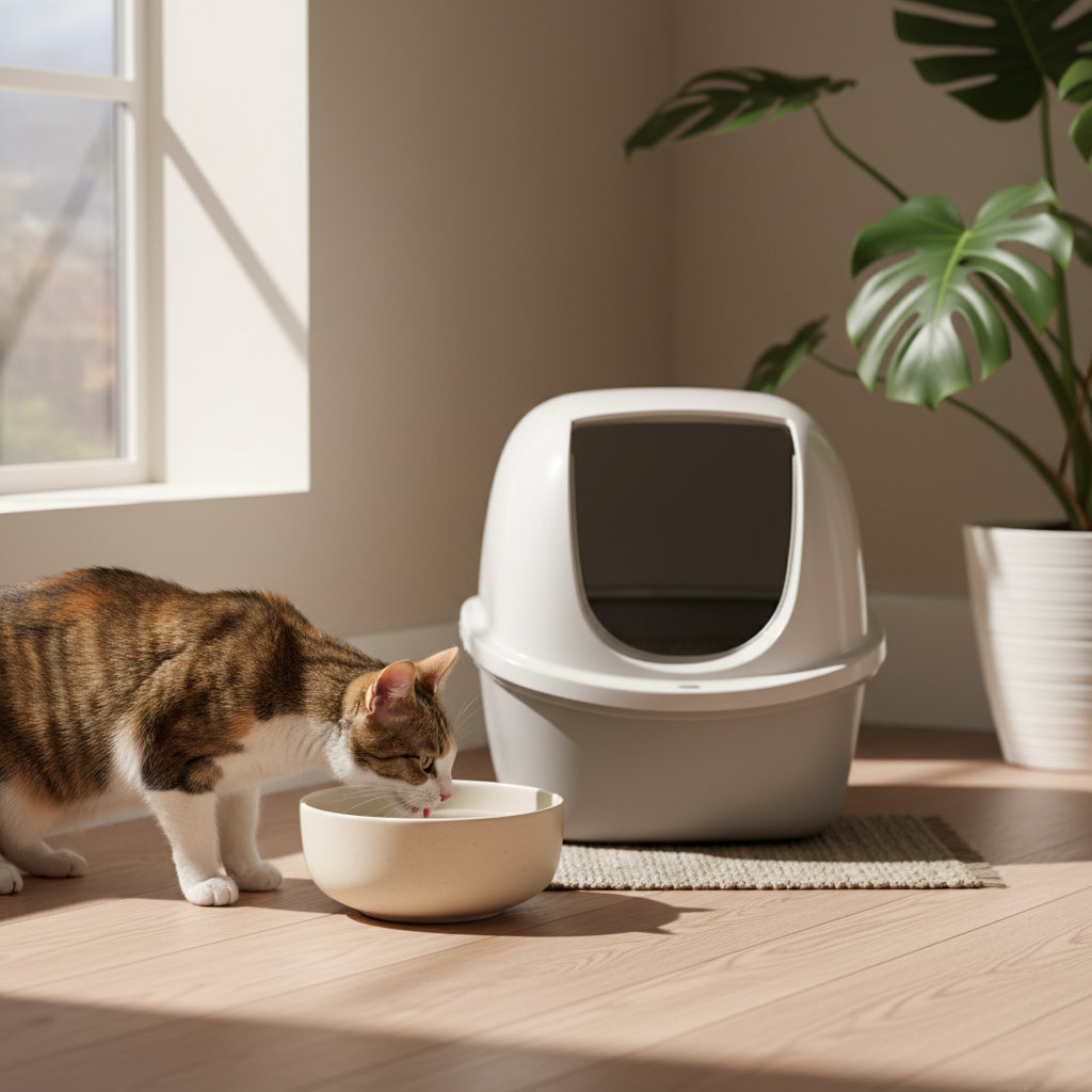 Cat drinking water near a clean litter box for urinary health support