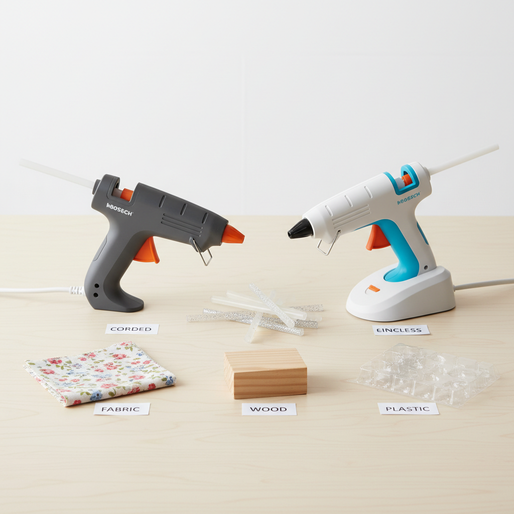 Corded vs cordless hot glue gun comparison on a table