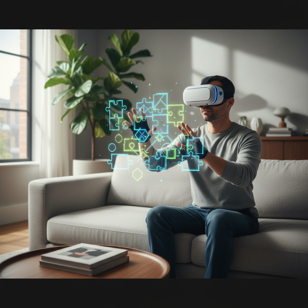VR player solving a logic puzzle in a modern living room setup