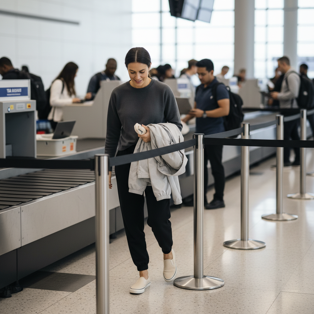 Traveler standing in TSA line wearing simple layers and minimal metal