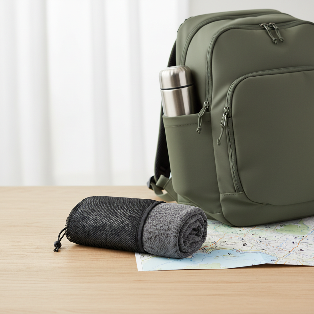 Quick dry microfiber travel towel packed in a backpack for hiking and travel