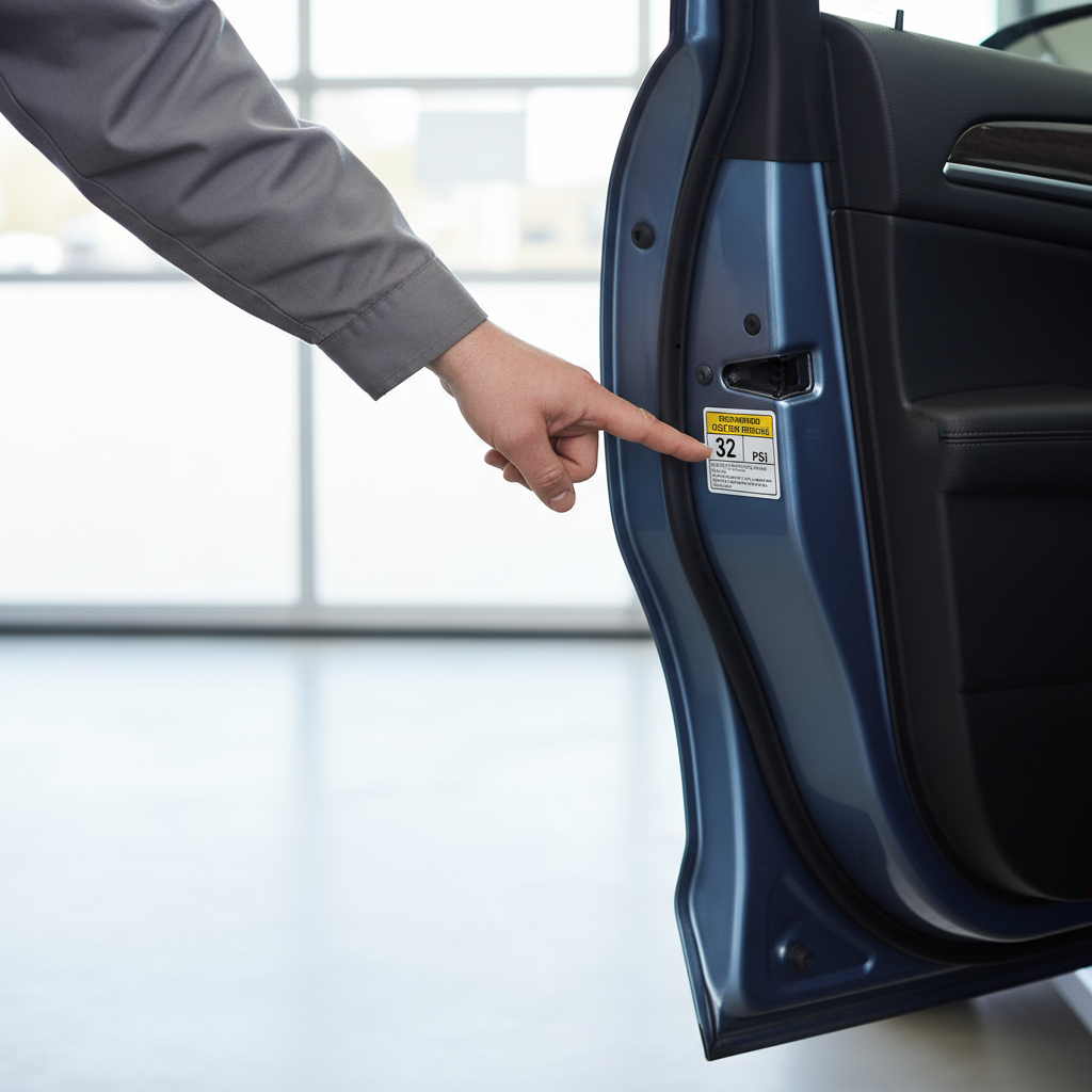 Reading recommended tire pressure on the driver door jamb sticker