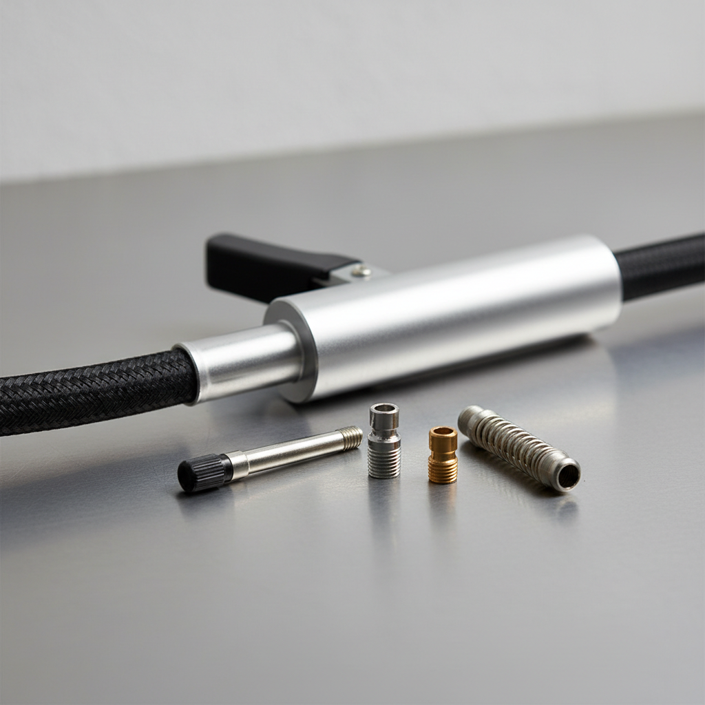 Close-up of Presta and Schrader valve compatibility with tire inflator adapters
