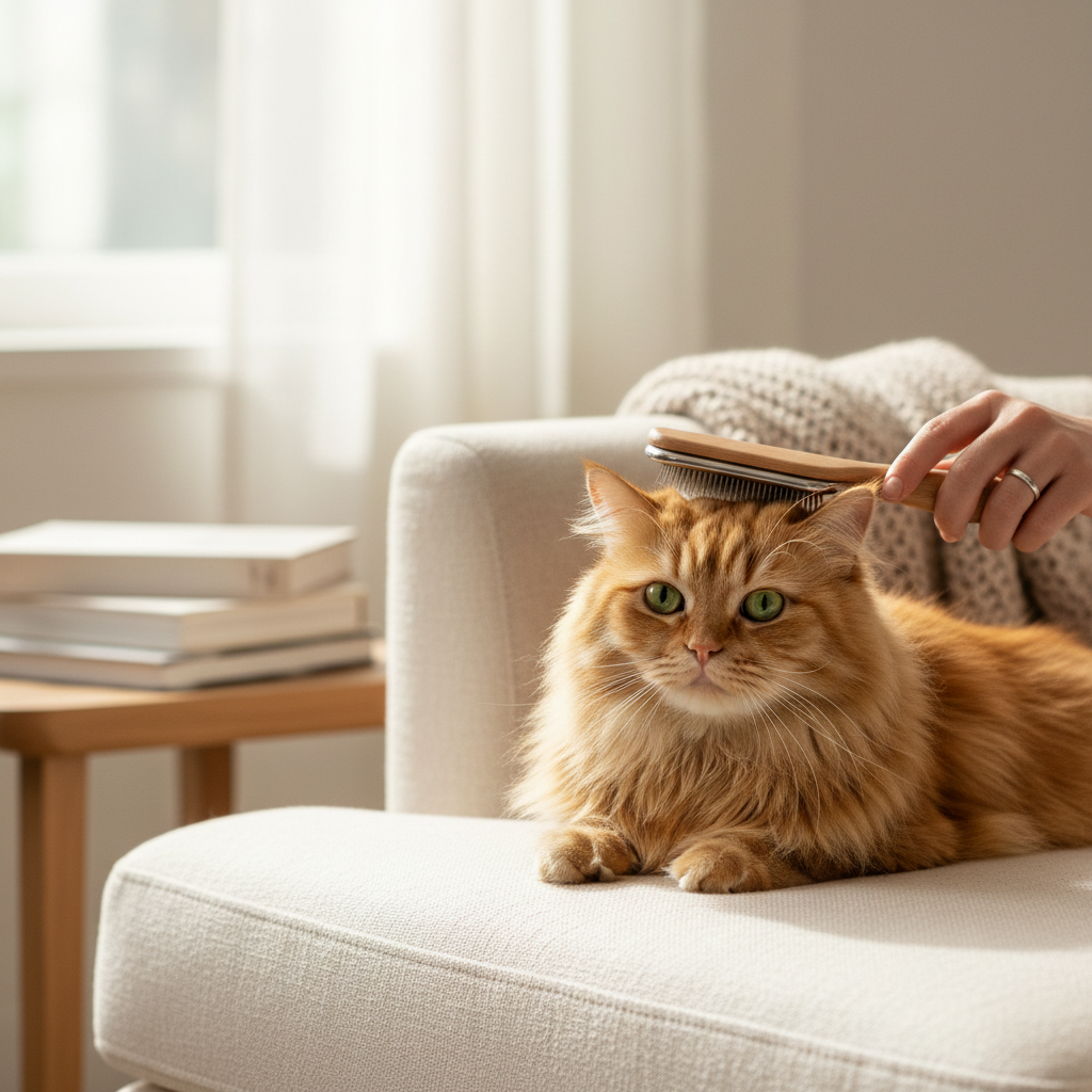 Cat being gently brushed to prevent matting and skin irritation