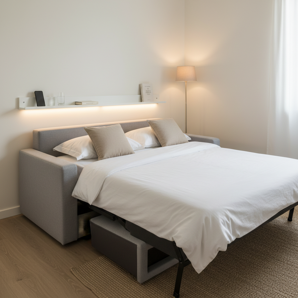 Picture ledge used as nightstand next to pull out couch