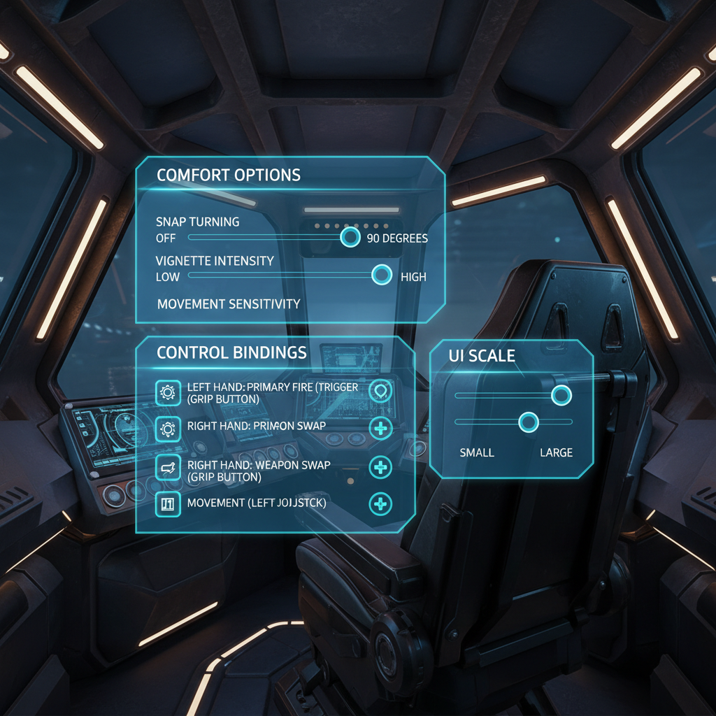 VR mech sim settings screen showing comfort and control options