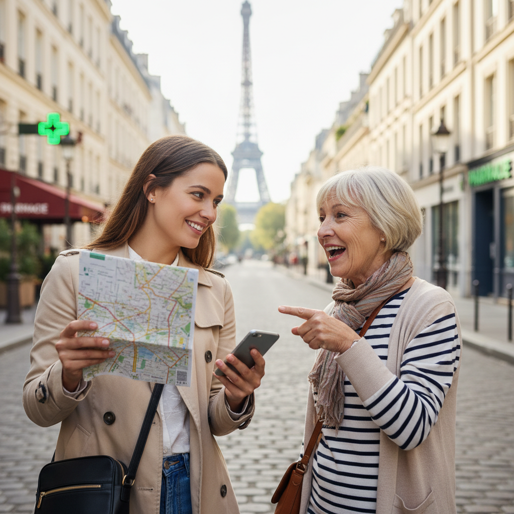 Traveler asking for directions in France using bonjour excusez-moi