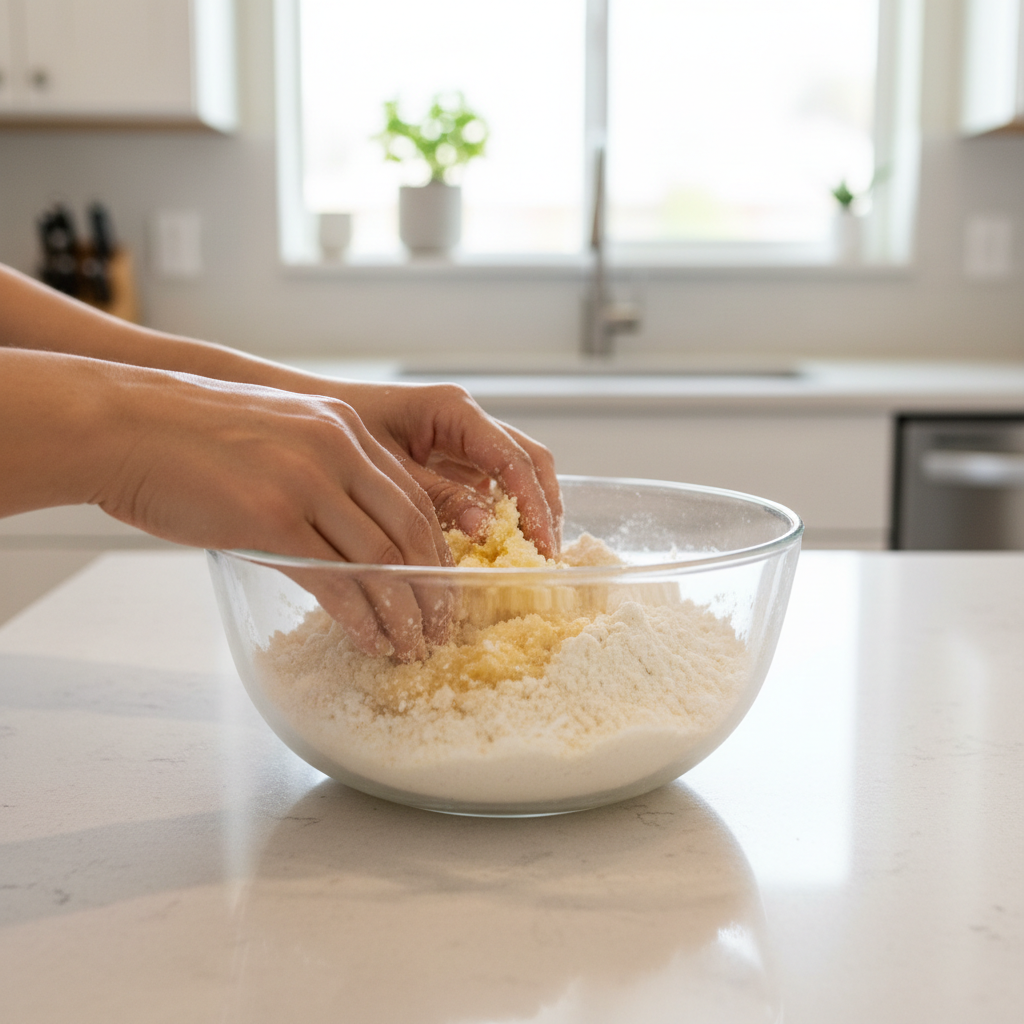 Mixing flour and ghee to make kachori dough crumbs