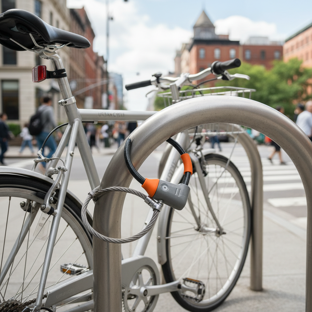 Heavy duty bike lock securing a bicycle to a city bike rack