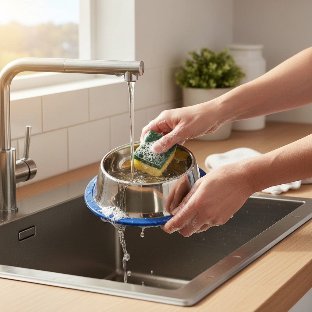 Cleaning a stainless non-slip cat water bowl with removable rubber ring