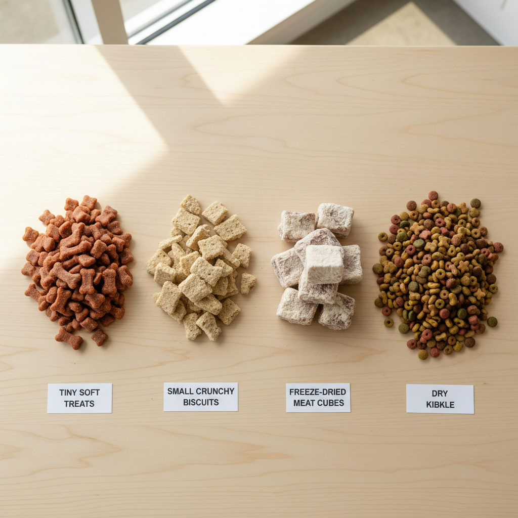 Comparison of dog training treats: soft, crunchy, freeze-dried, and kibble pieces on a table
