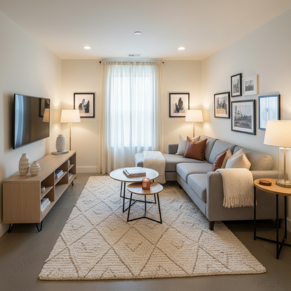 Cozy small living room layout with TV, compact sofa, rug, and smart storage