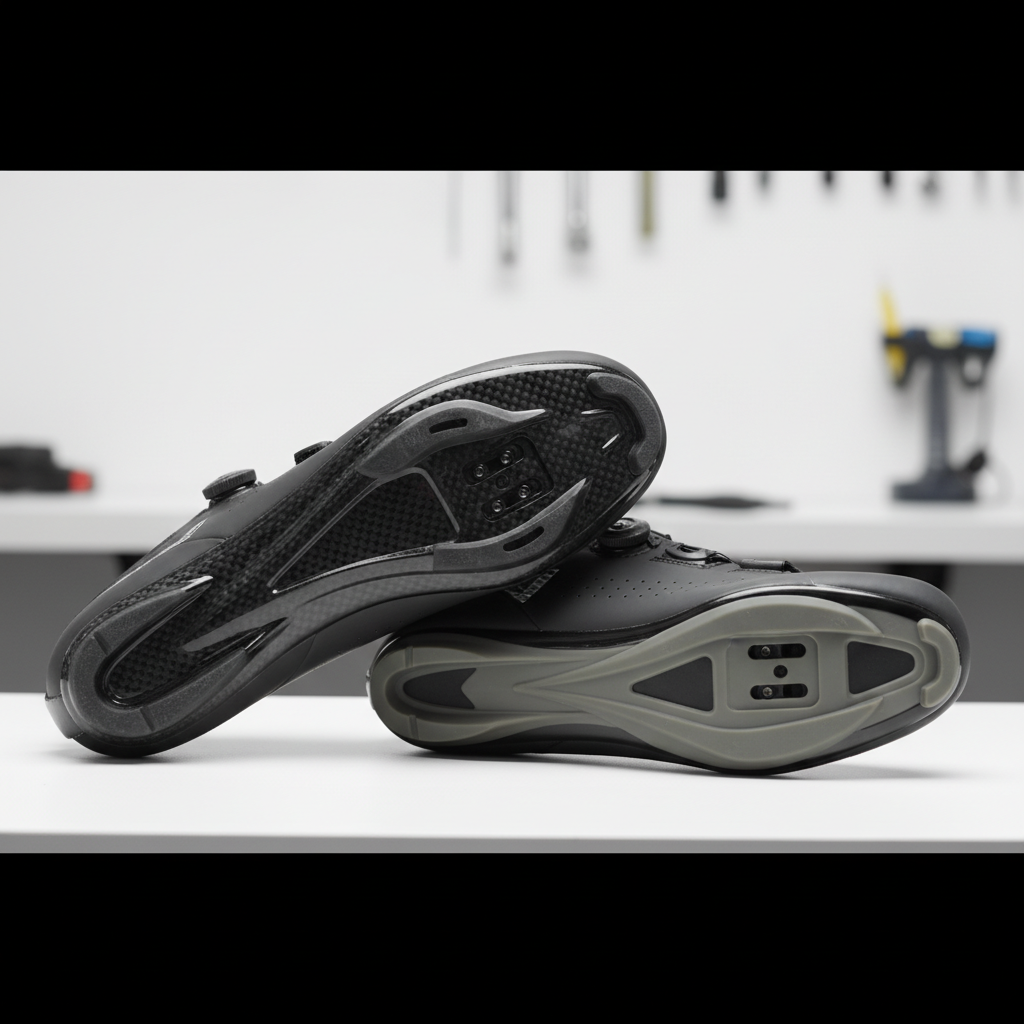Comparison of road cycling shoe sole stiffness and cleat mounting on workbench