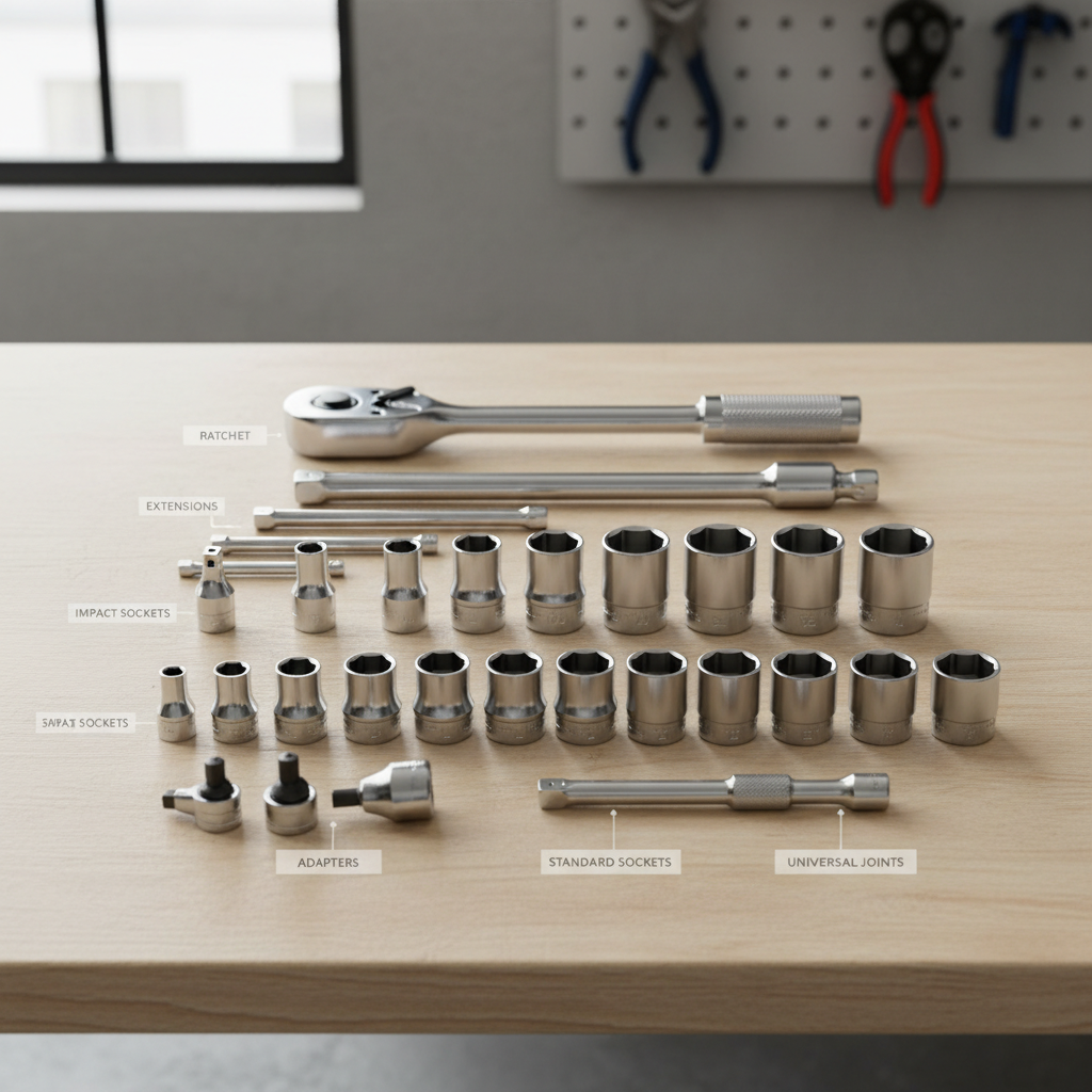 Socket wrench set parts labeled on a workbench for beginners