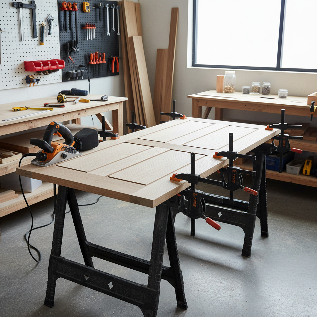 Door supported on sawhorses with clamps and power planer nearby