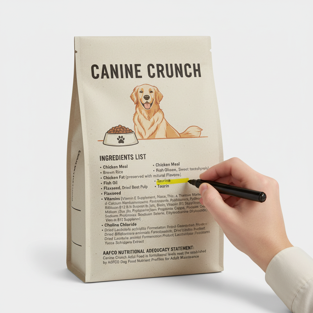 Dog food nutrition label close-up with ingredients and AAFCO statement highlighted