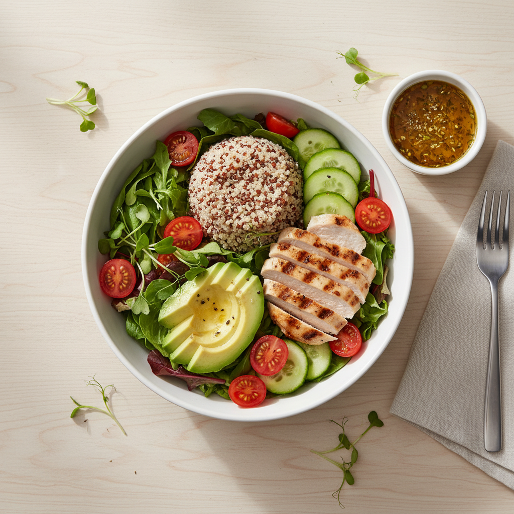 Balanced healthy lunch salad bowl with protein, grains, and vegetables