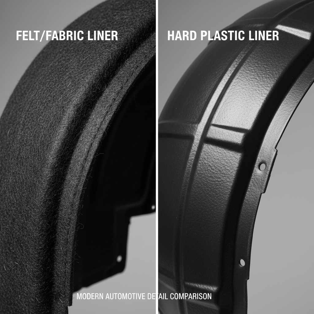 Different wheel well liner types felt and plastic close-up