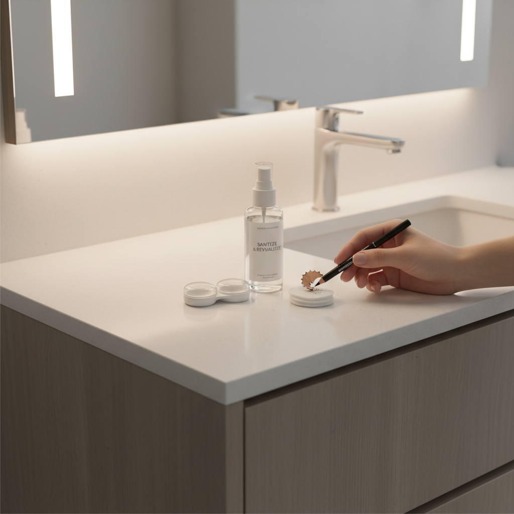 Clean makeup hygiene setup for waterline eyeliner safety