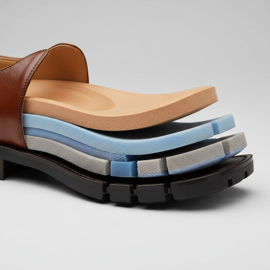 Close-up of dress shoe sole showing cushioning layers and flexible forefoot