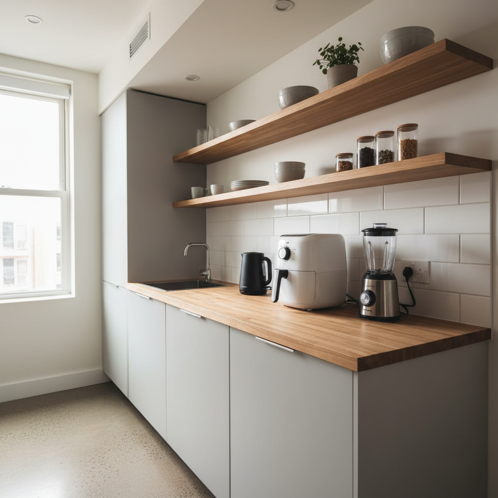 Tiny apartment kitchen counter with compact appliances neatly organized