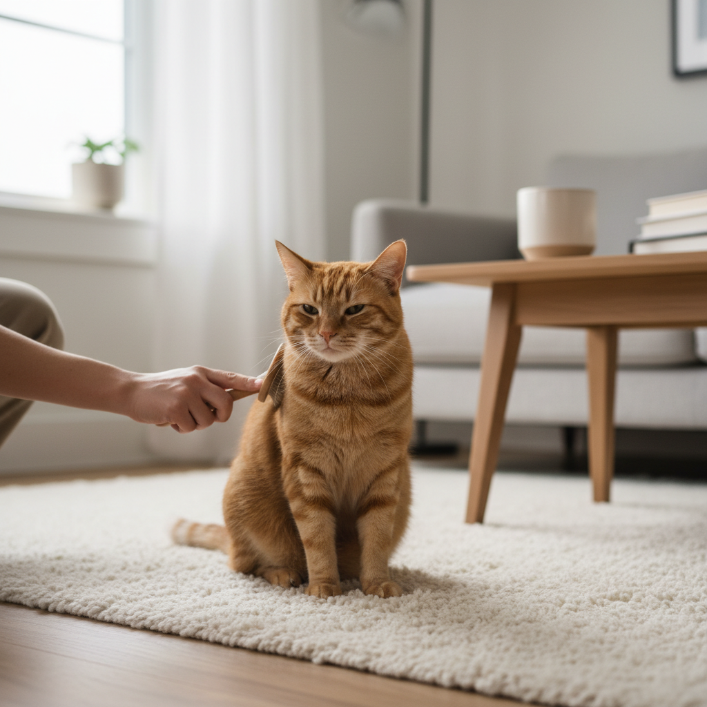 Orange cat being gently brushed at home to reduce shedding naturally