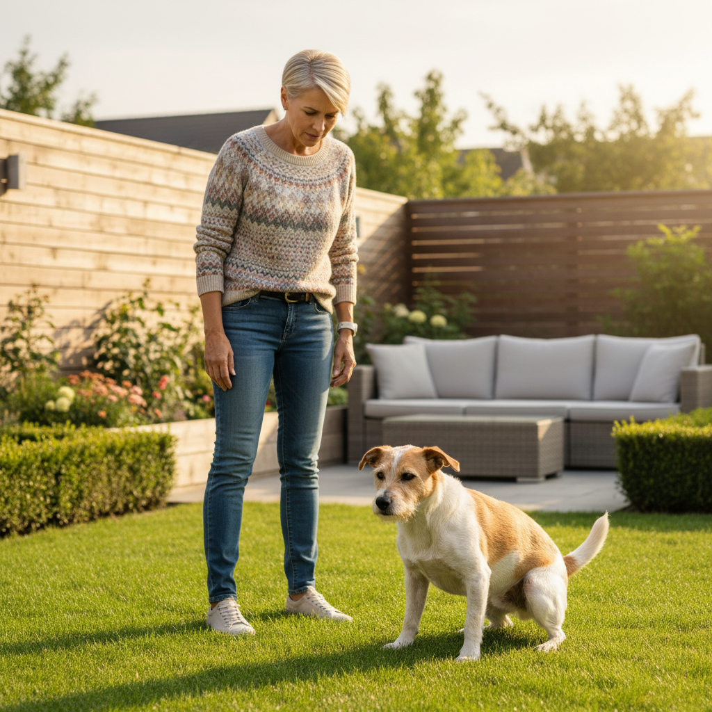 Dog owner observing constipation signs like straining and small dry stool