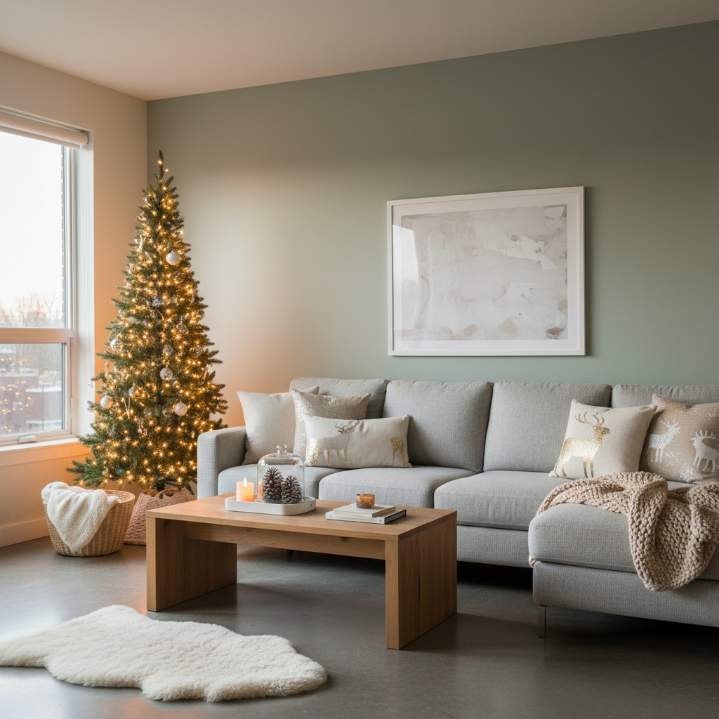 Cozy small apartment living room decorated for Christmas with slim tree and warm lights