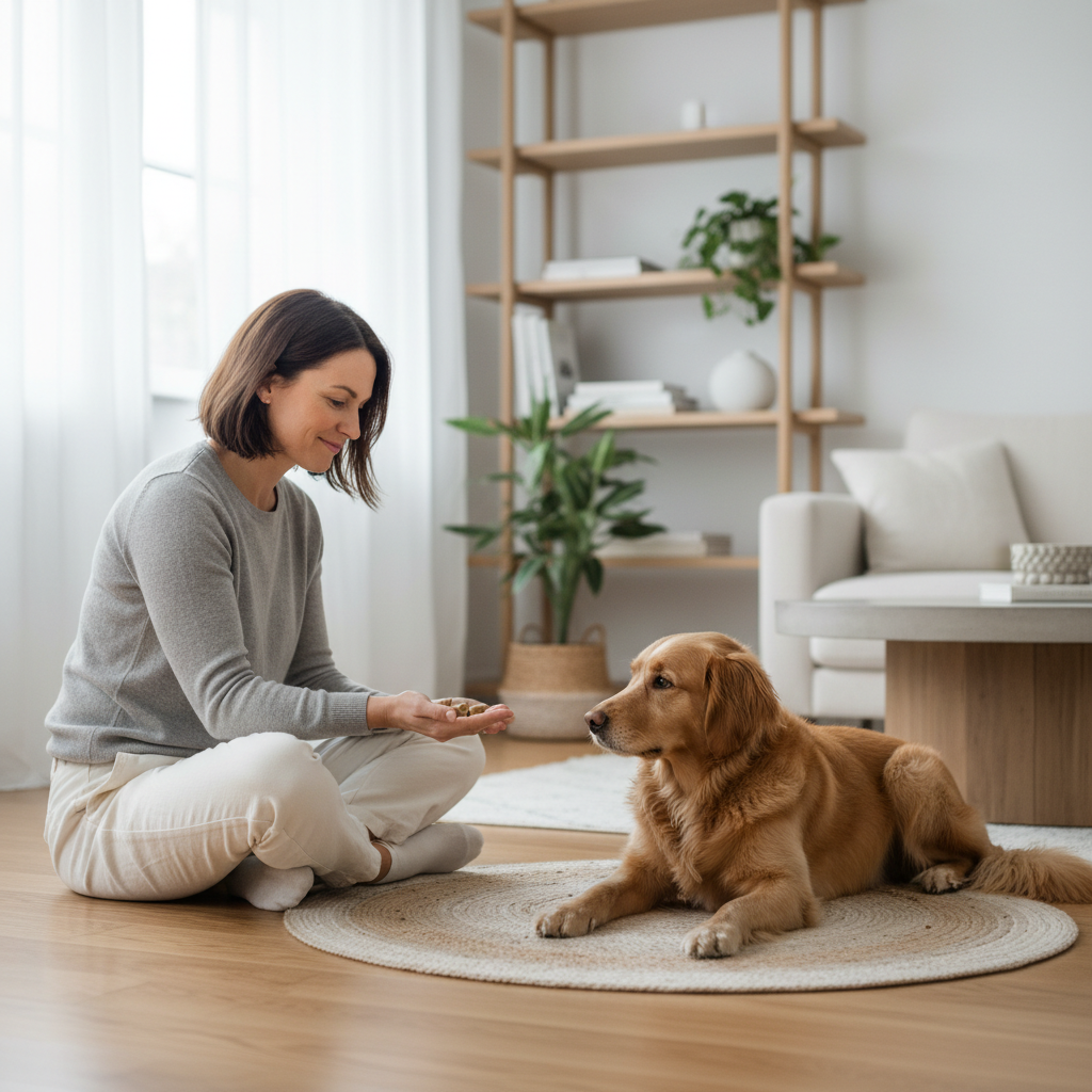 Owner training a dog to stay calm and quiet indoors