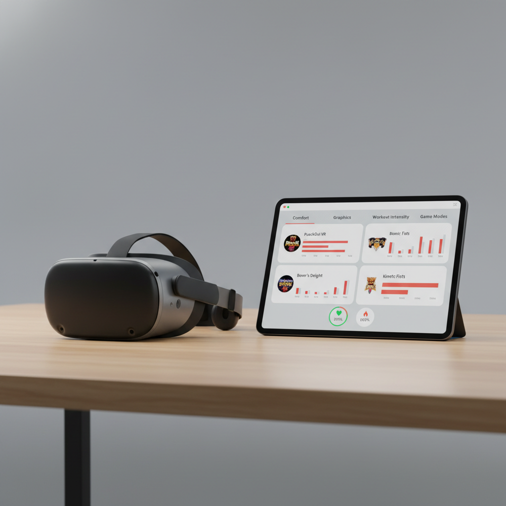 VR boxing game comparison on a Quest headset with training UI