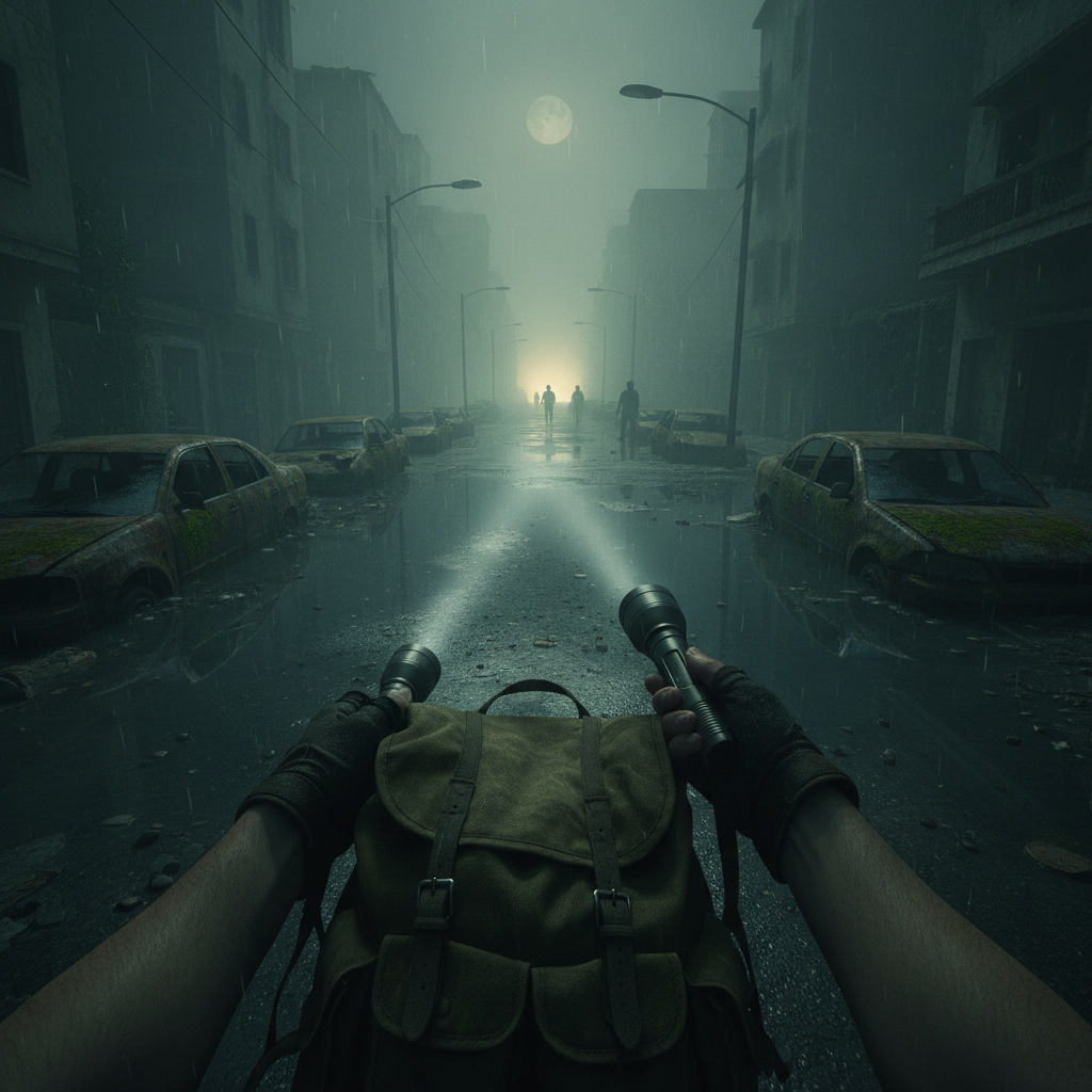 VR survival horror scene with flashlight, dark flooded street, tense atmosphere