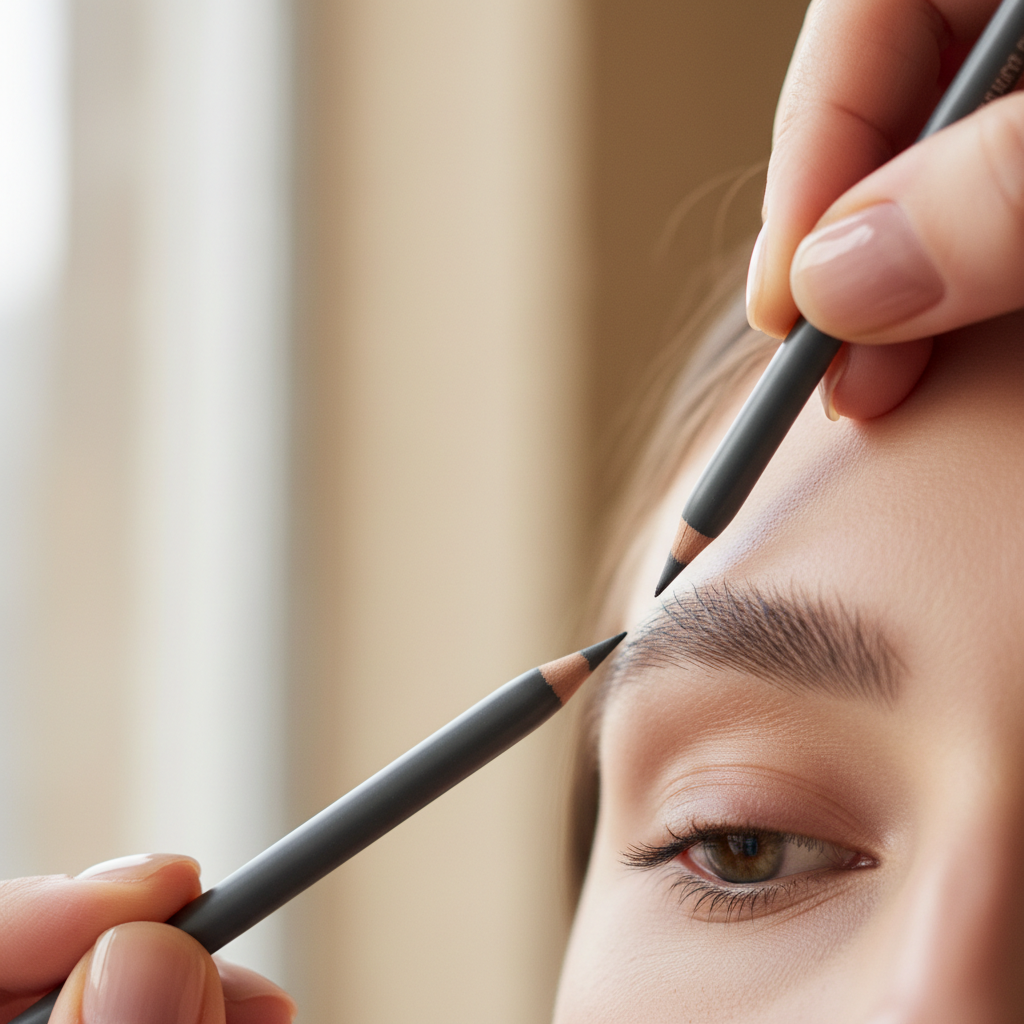 Close-up of eyebrow pencil creating hair-like strokes on sparse brows