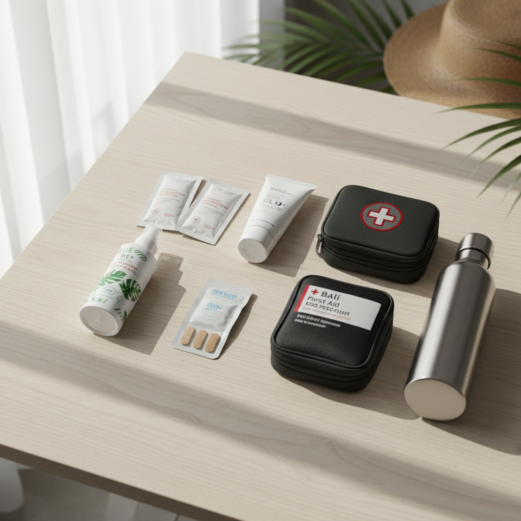 Bali travel health essentials laid out: oral rehydration salts, insect repellent, sunscreen