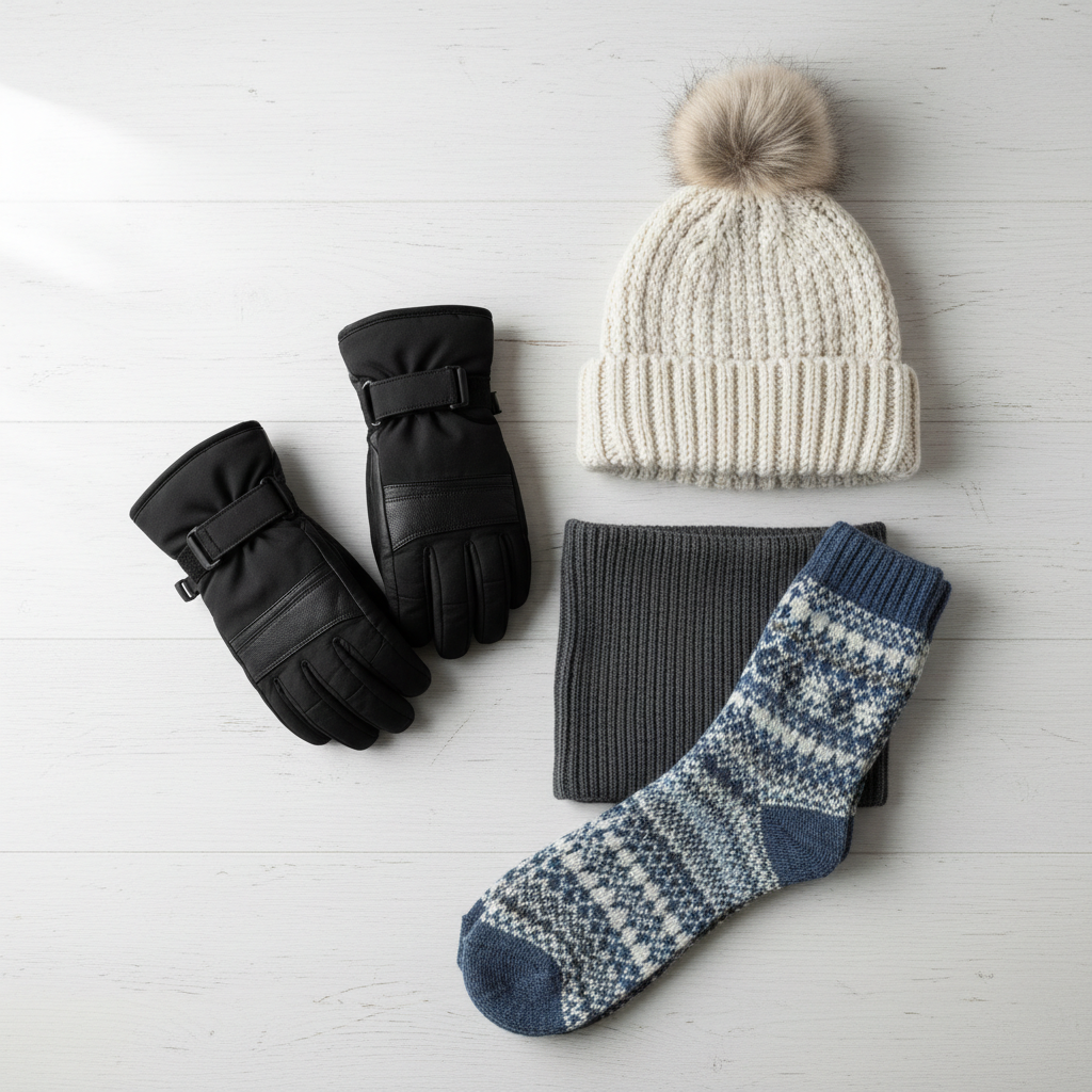 Winter accessories for warmth: gloves, beanie, scarf, and wool socks laid out neatly