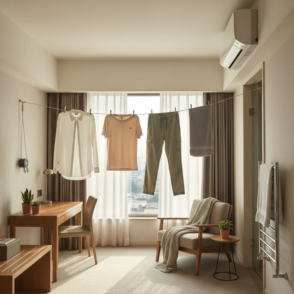 Clothes drying on a travel clothesline in a hotel room with airflow