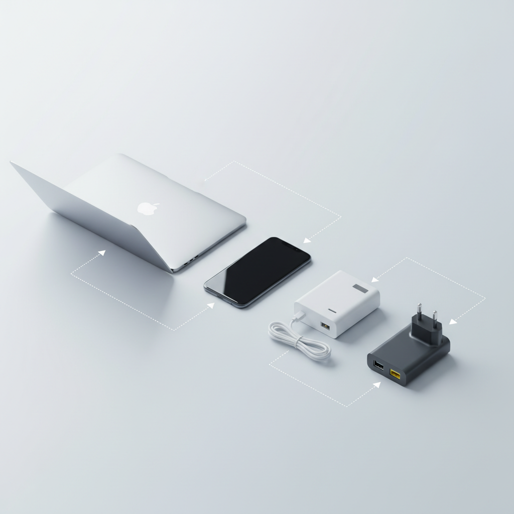 Comparison table concept for choosing a travel adapter by device load and destinations