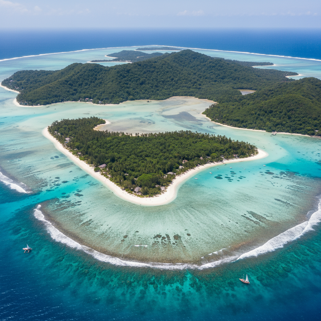 Aerial view of Seychelles islands and turquoise lagoons for trip planning
