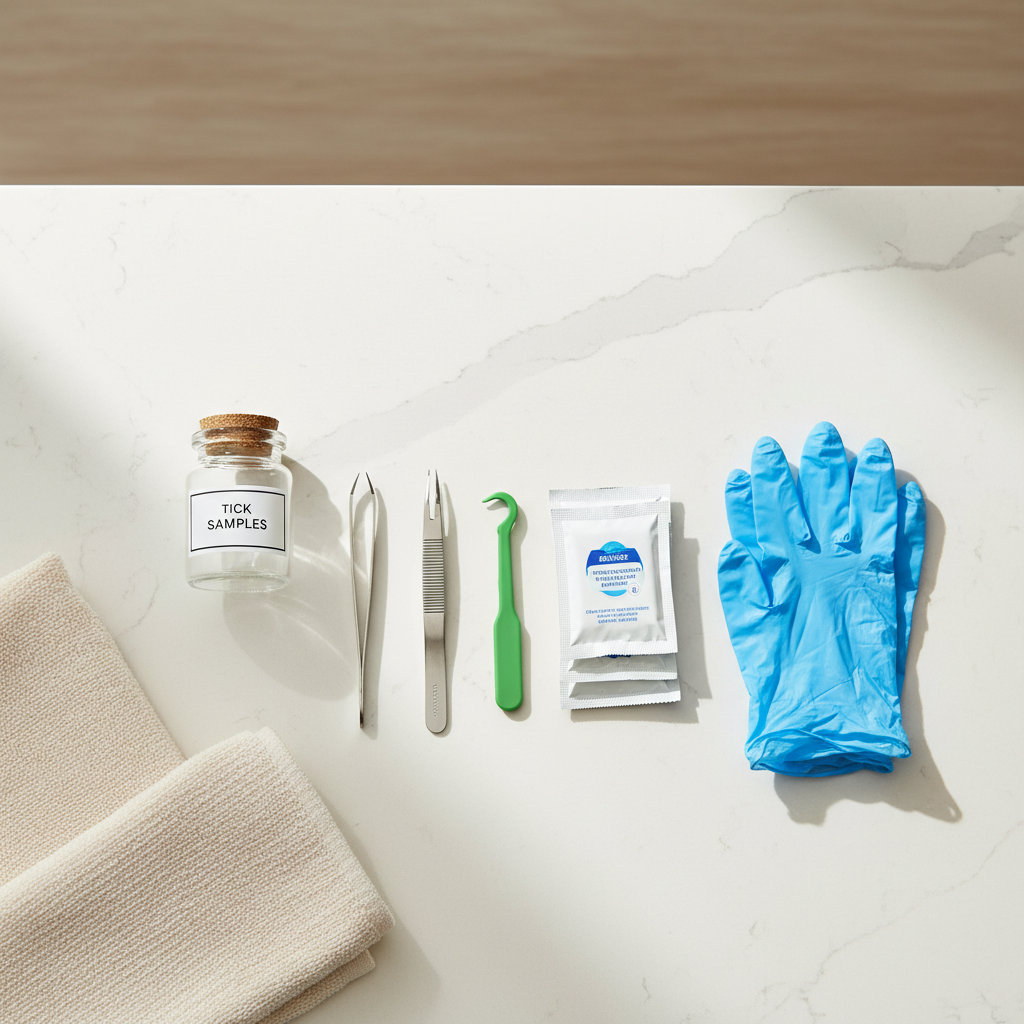 Tick removal supplies for cats including fine-tipped tweezers, tick tool, gloves, antiseptic, and a small jar