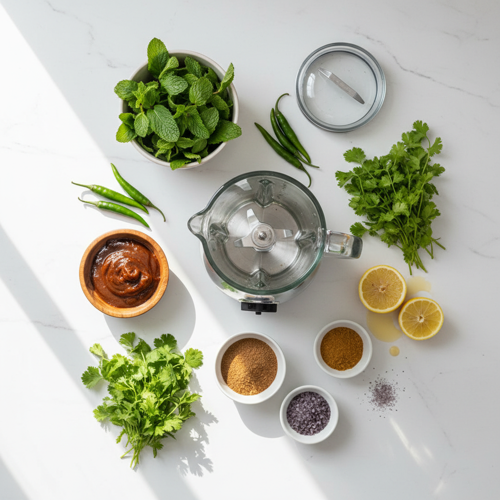 Ingredients for teekha golgappe pani laid out: mint, cilantro, green chilies, tamarind, cumin, chaat masala