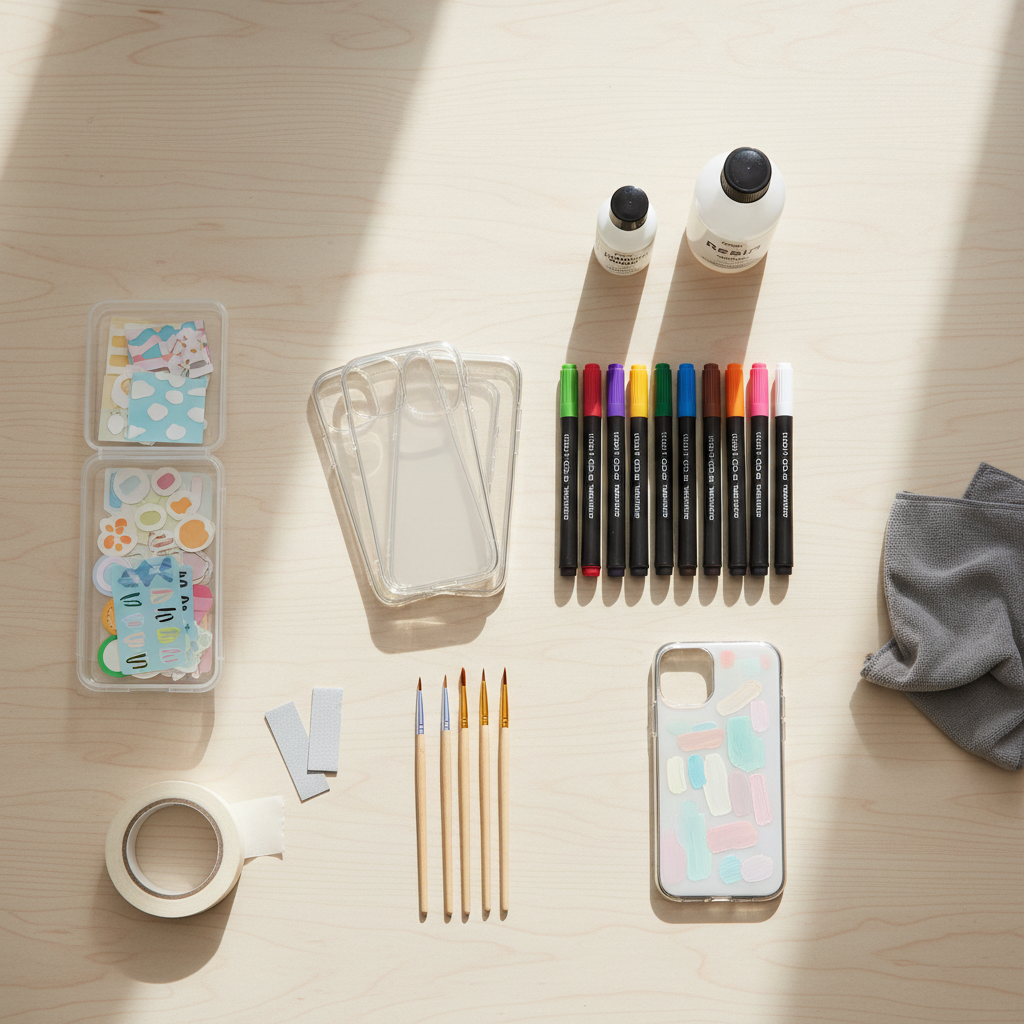 DIY phone case customization supplies on a clean craft table