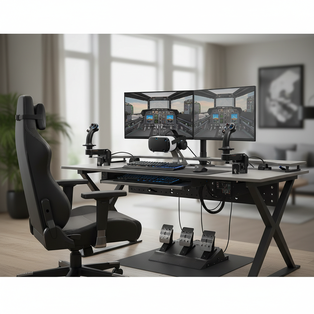 VR flight sim desk setup with joystick and throttle in a home cockpit