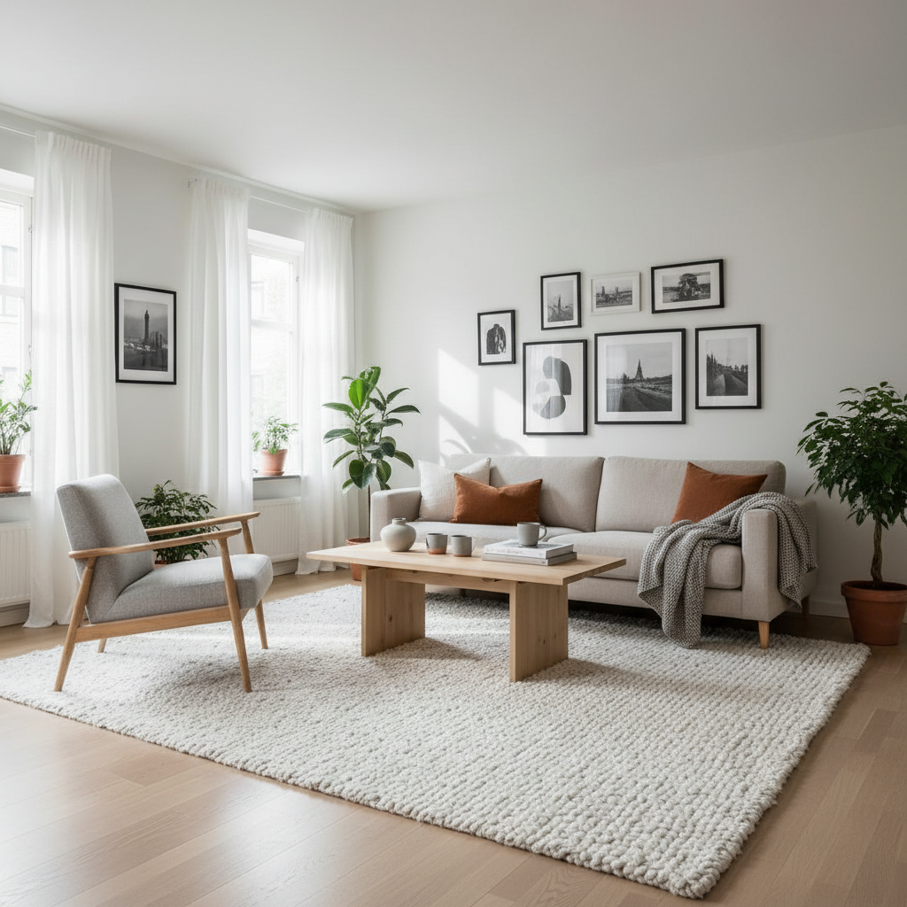 Cozy Scandinavian living room with large rug, light wood furniture, and soft curtains