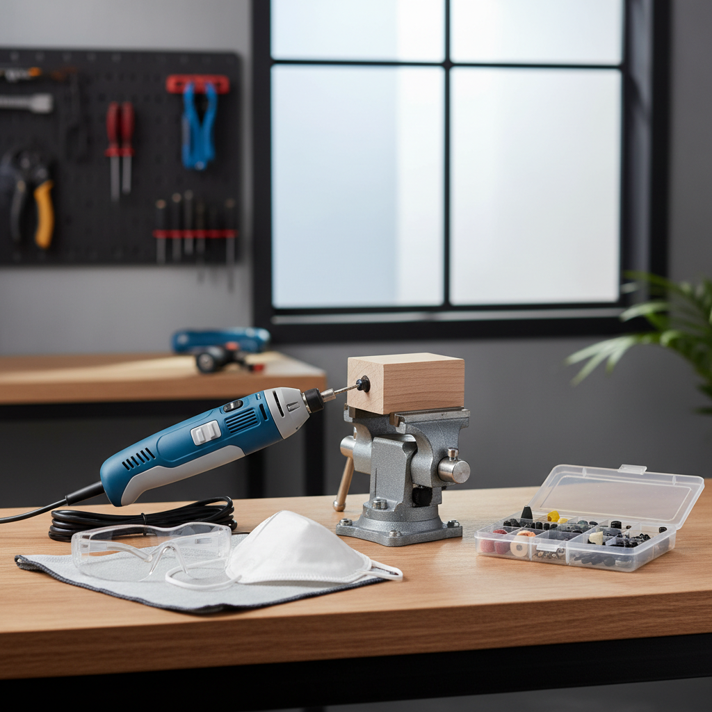 Beginner rotary tool safety setup with goggles and clamped workpiece