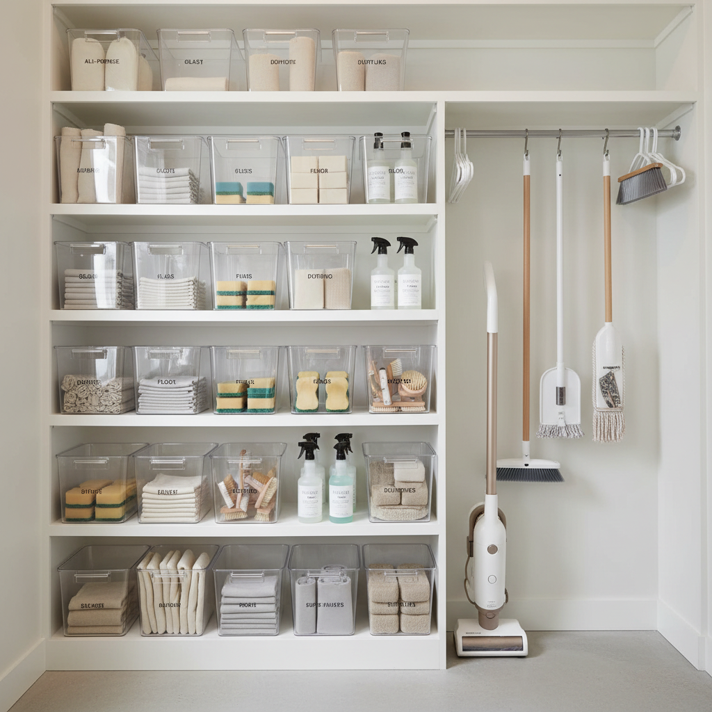 Well-organized cleaning closet with labeled bins and shelves