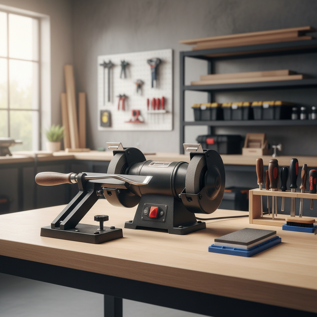 Home woodturning sharpening setup with grinder, jig, and sharpening stones