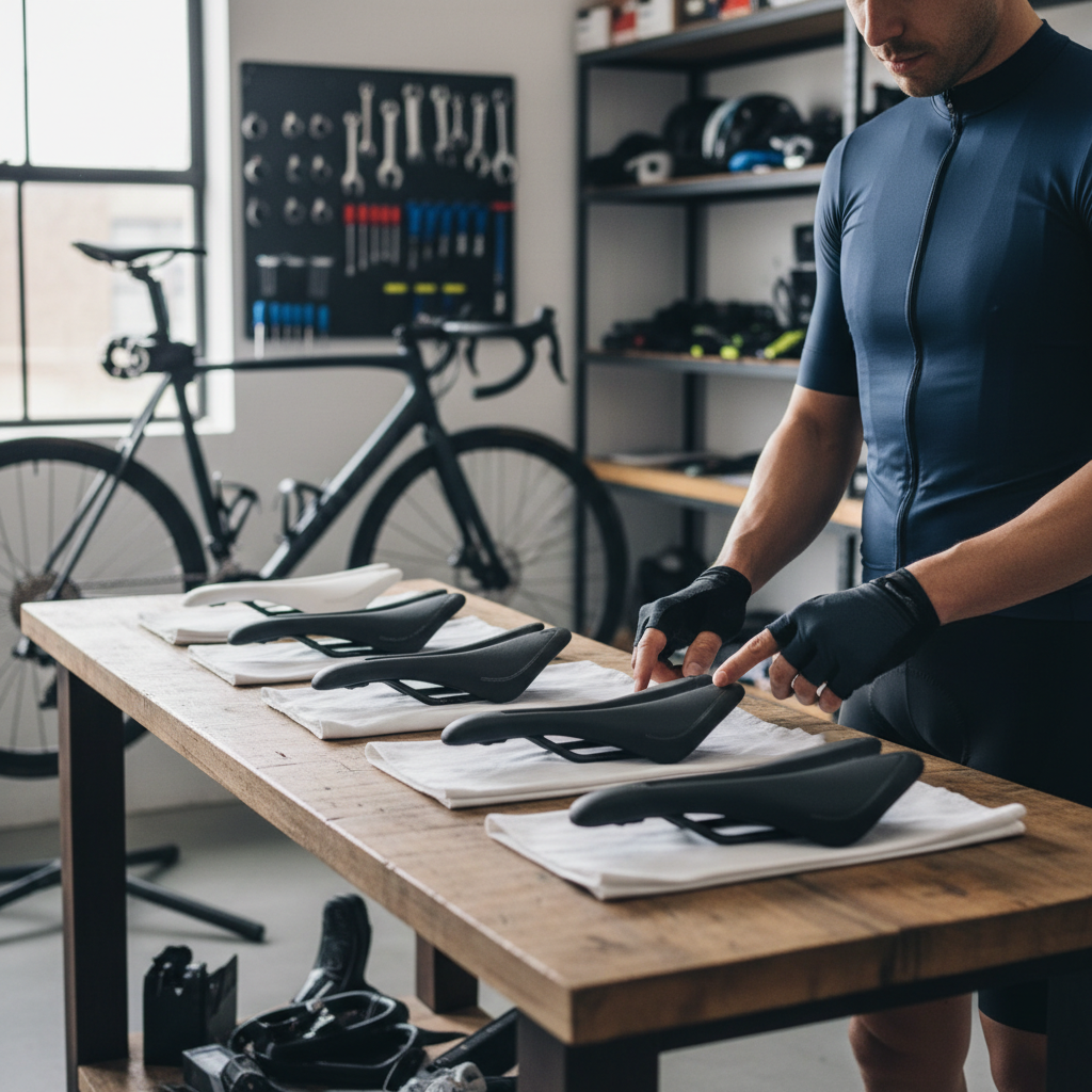 Cyclist comparing different comfort bike saddle shapes on a workbench